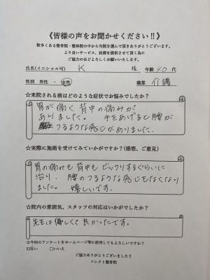 喜びの声　胃の痛みに悩まれていた堺市にお住まいのK様（40代の介護職　女性）
